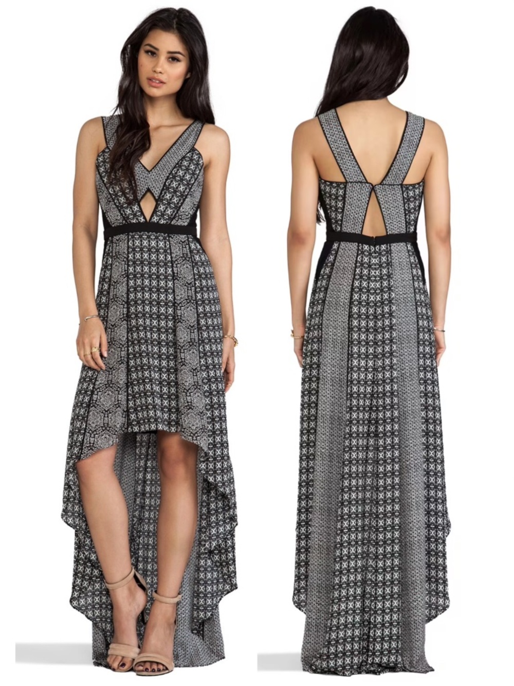 BCBGMaxAzria | Cutout High Low Strappy Maxi Dress Black Combo Size 10